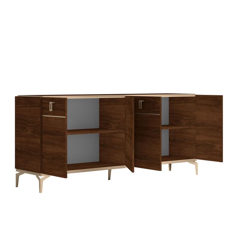 Modern Eva Large Buffet Sideboard - 4 Doors - Walnut with Gold Trim