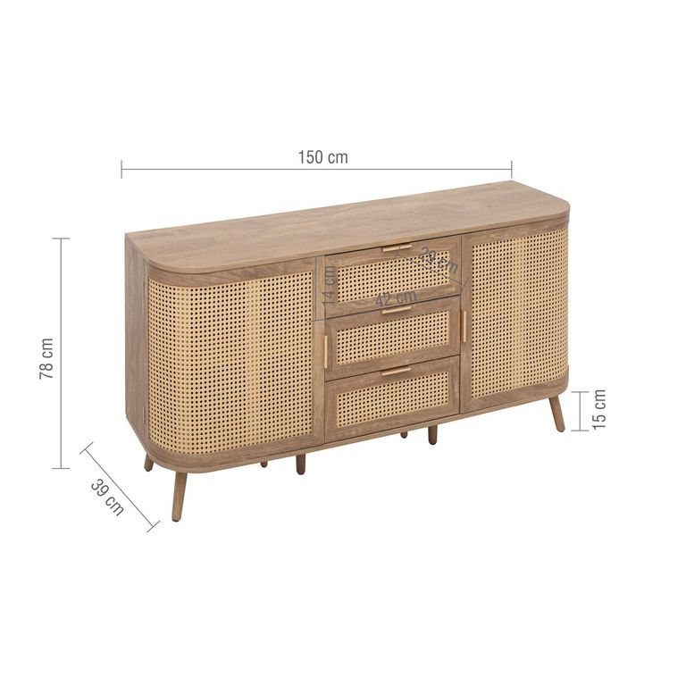 Noah Medium Sideboard - 150cm - 2 Door - Oak and Rattan