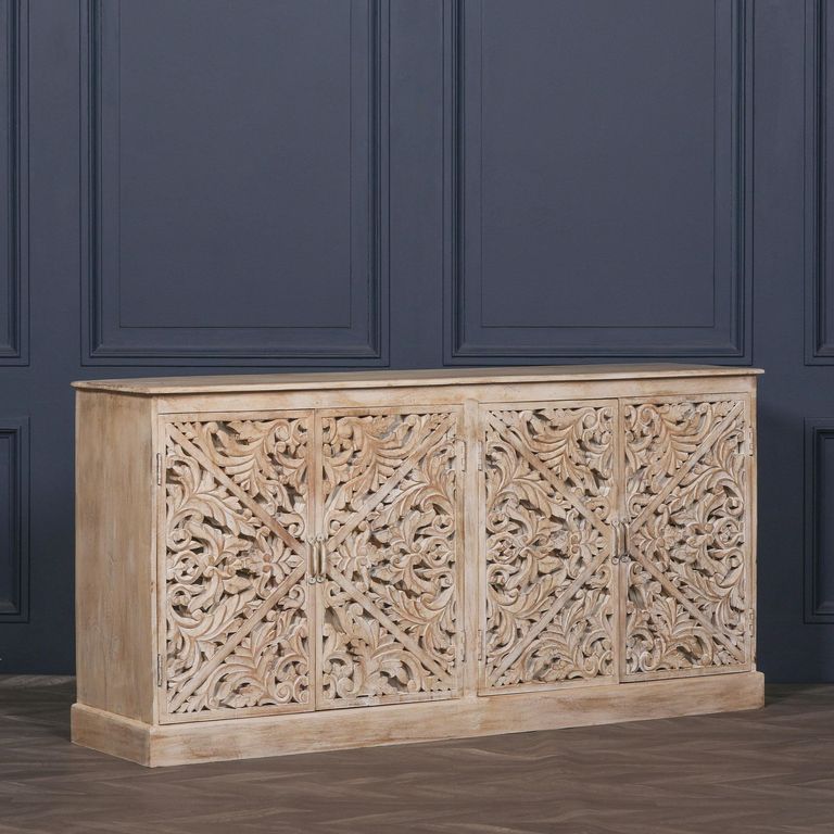 Ornate Mango Wood Carved Sideboard - 4 Door - Large - 190cm