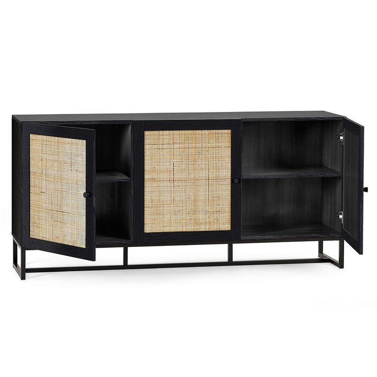 Padstow Large Sideboard - 160cm - 3 Doors - Black and Rattan
