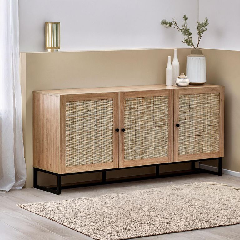 Padstow Large Sideboard - 160cm - 3 Doors - Oak and Rattan