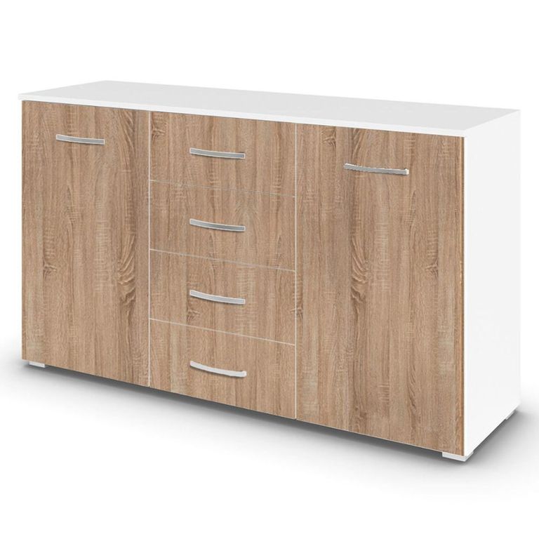 Rauch Aditio 2 Door Medium Sideboard with 4 Drawer - 120cm - Alpine White and Sonoma Oak