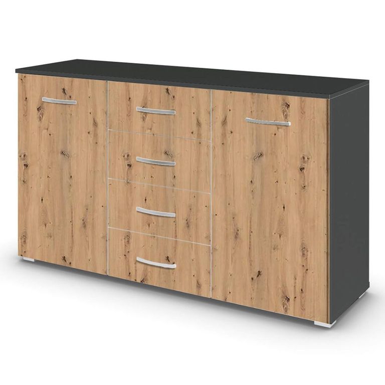 Rauch Aditio 2 Door Medium Sideboard with 4 Drawer - 120cm - Metallic Dark Grey and Artisan Oak