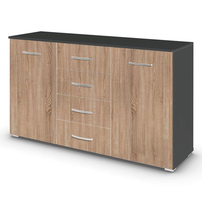 Rauch Aditio 2 Door Medium Sideboard with 4 Drawer - 120cm - Metallic Dark Grey and Sonoma Oak