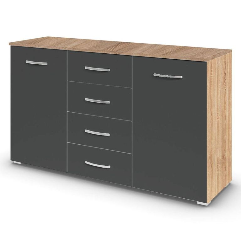 Rauch Aditio 2 Door Medium Sideboard with 4 Drawer - 120cm - Sonoma Oak and Metallic Dark Grey