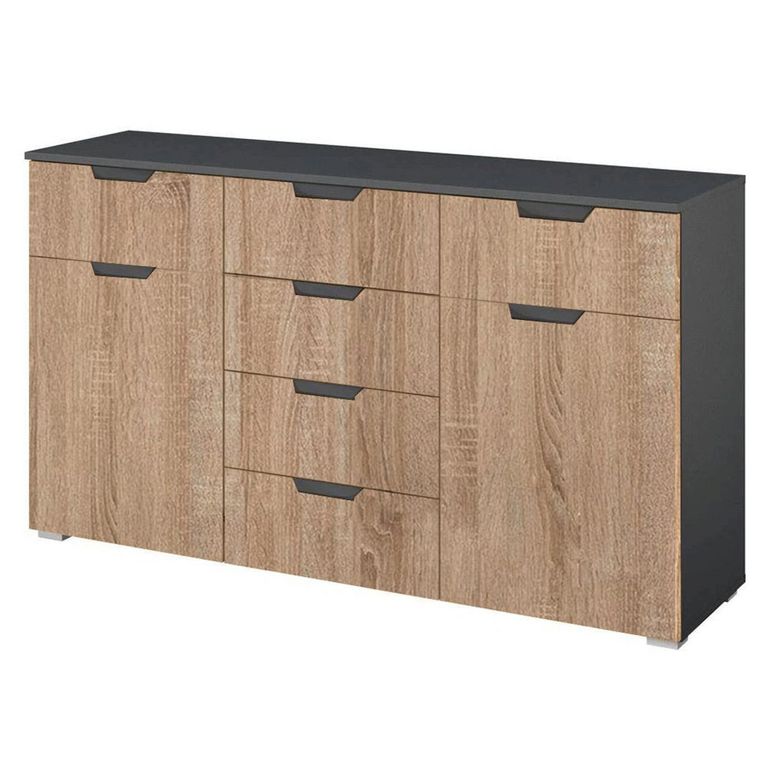 Aditio Medium Sideboard - 120cm - 2 Door - 6 Drawer - Metallic Dark Grey & Sonoma Oak