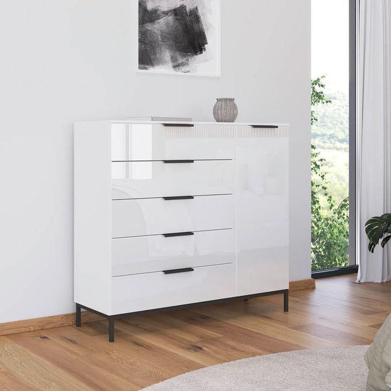 Flipp Small Sideboard - 120cm - 1 Door - Metal Base - Alpine White & White Glass