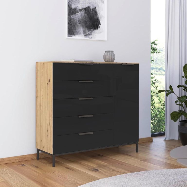 Flipp Small Sideboard - 120cm - 1 Door - Metal Base - Artisan Oak & Basalt Glass
