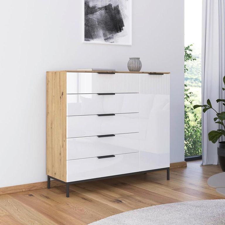 Flipp Small Sideboard - 120cm - 1 Door - Metal Base - Artisan Oak & White Glass