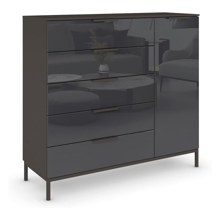 Flipp Small Sideboard - 120cm - 1 Door - Metal Base - Graphite & Basalt Glass