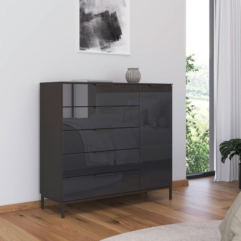 Flipp Small Sideboard - 120cm - 1 Door - Metal Base - Graphite & Basalt Glass