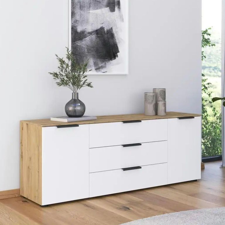 Rauch Flipp 2 Door Low Sideboard with Adjustable Height - 160cm - Artisan Oak and Alpine White