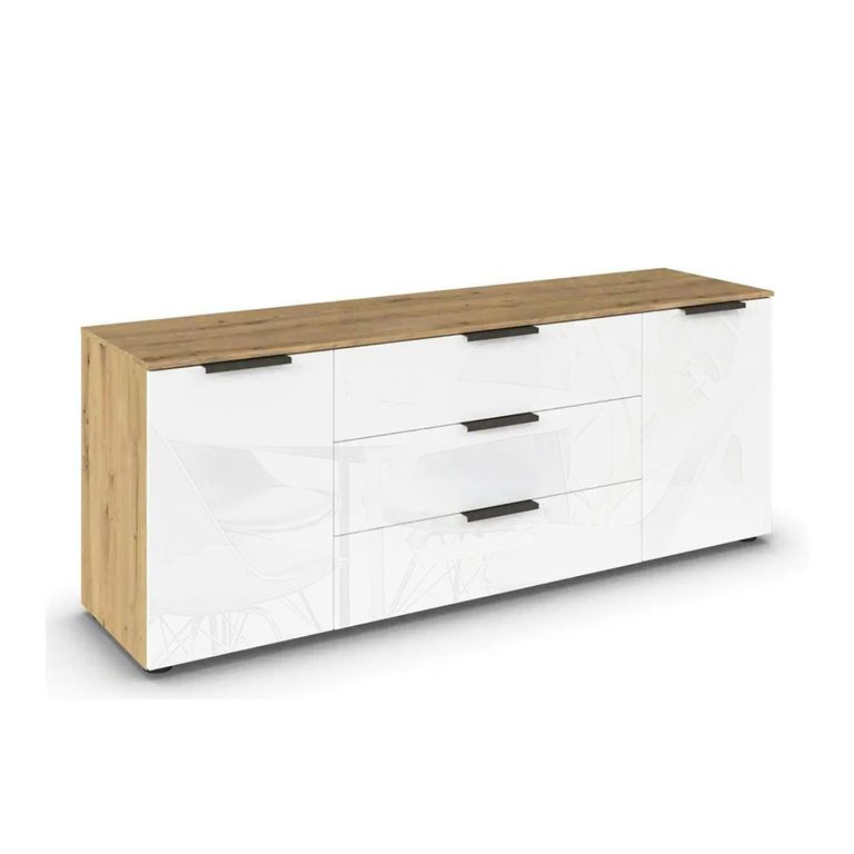 Rauch Flipp 2 Door Low Sideboard with Adjustable Height - 160cm - Artisan Oak and White Glass