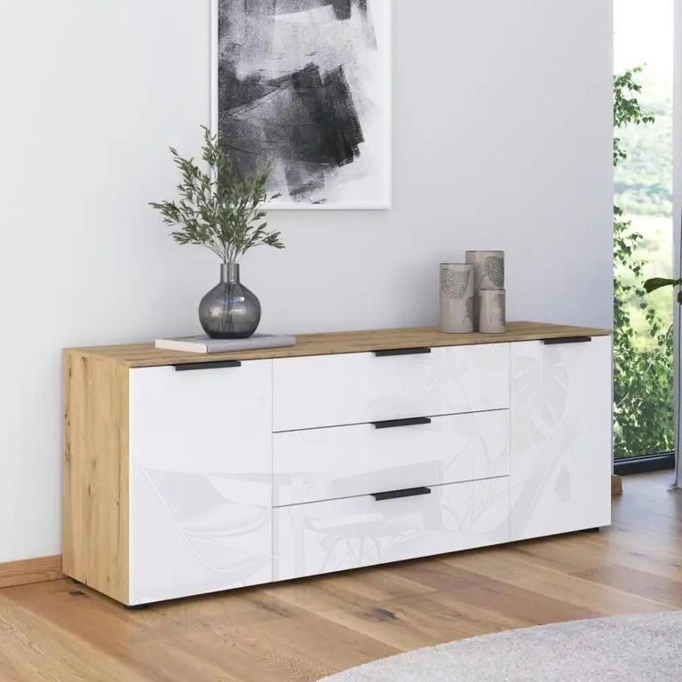 Rauch Flipp 2 Door Low Sideboard with Adjustable Height - 160cm - Artisan Oak and White Glass