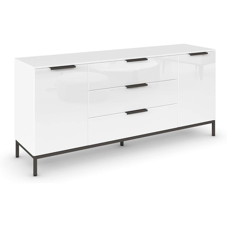 Rauch Flipp 2 Door Low Sideboard with Metal Base - 160cm - Alpine White and White Glass