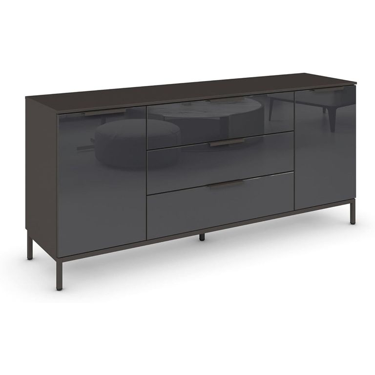 Rauch Flipp 2 Door Low Sideboard with Metal Base - 160cm - Graphite and Basalt Glass