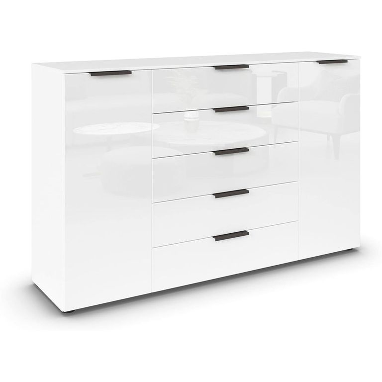 Rauch Flipp 2 Door Sideboard with Adjustable Height - 160cm - Alpine White and White Glass