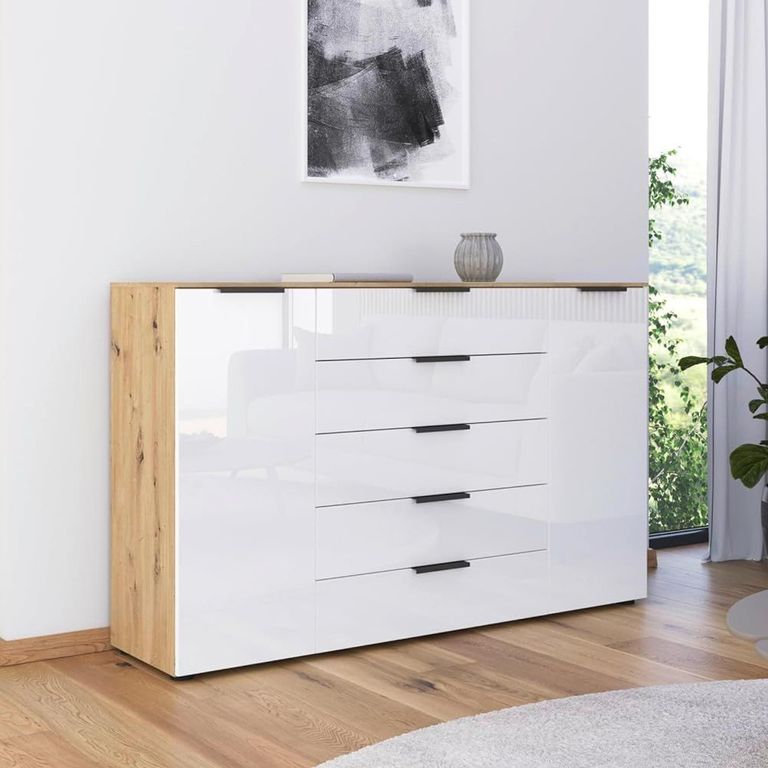 Flipp Sideboard - 180cm - 2 Door - Adjustable Height - Artisan Oak & White Glass