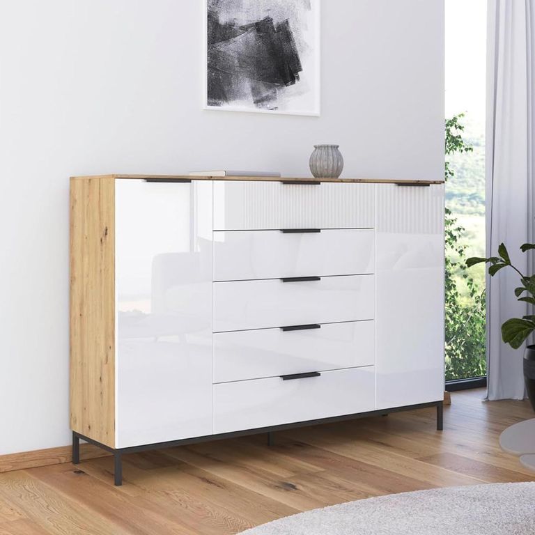 Flipp Sideboard - 160cm - 2 Door - Metal Base - Artisan Oak & White Glass