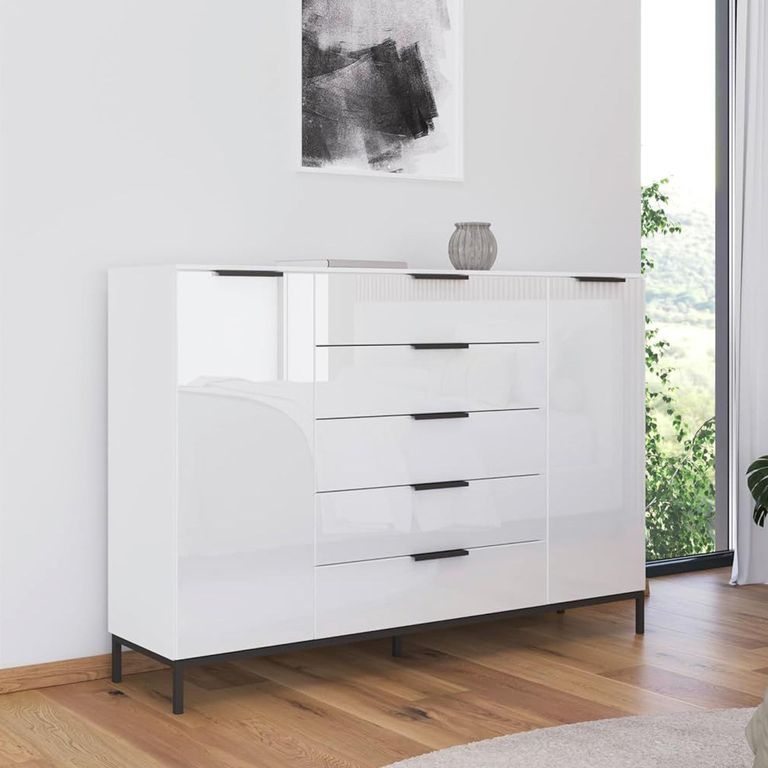 Flipp Sideboard - 180cm - 2 Door - Metal Base - Alpine White & White Glass
