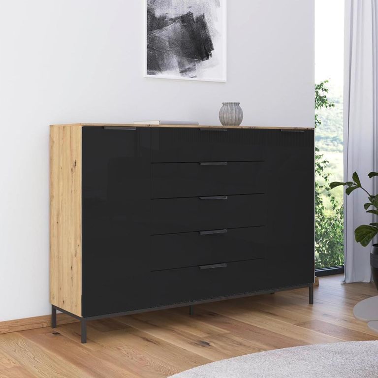 Flipp Sideboard - 180cm - 2 Door - Metal Base - Artisan Oak & Basalt Glass