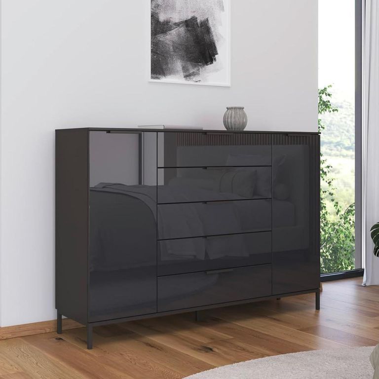 Flipp Sideboard - 180cm - 2 Door - Metal Base - Graphite & Basalt Glass