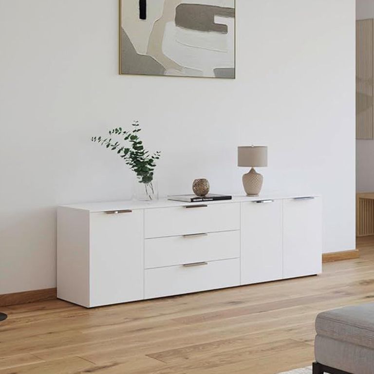 Rauch Flipp 3 Door Low Sideboard with Adjustable Height - 199cm - Alpine White and White Glass