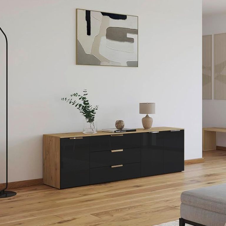 Rauch Flipp 3 Door Low Sideboard with Adjustable Height - 199cm - Artisan Oak and Basalt Glass