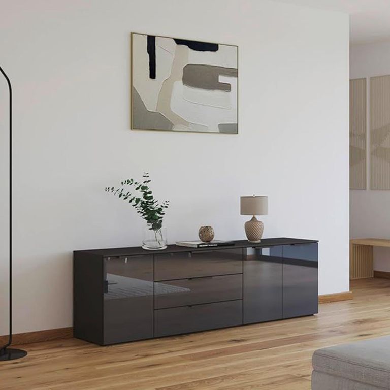 Rauch Flipp 3 Door Low Sideboard with Adjustable Height - 199cm - Graphite and Basalt Glass