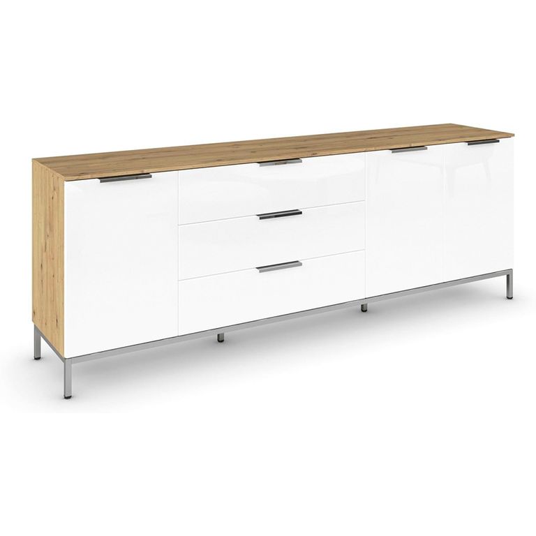 Rauch Flipp 3 Door Low Sideboard with Metal Base - 199cm - Artisan Oak and Alpine White