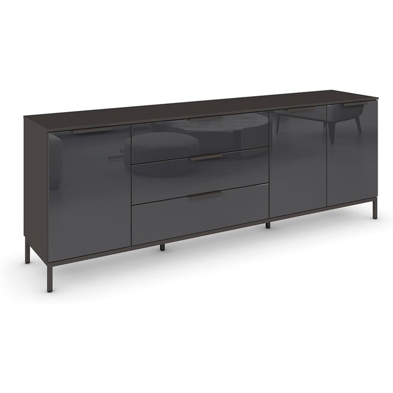 Rauch Flipp 3 Door Low Sideboard with Metal Base - 199cm - Graphite and Basalt Glass