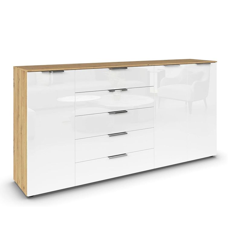 Flipp Sideboard - 199cm - 3 Door - Adjustable Height - Artisan Oak & White Glass
