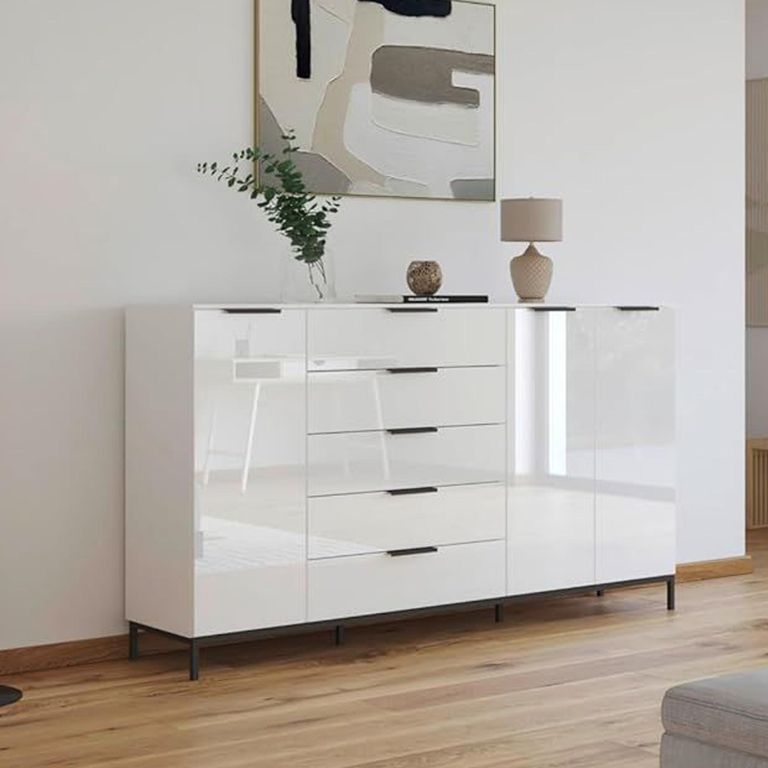 Flipp Sideboard - 199cm - 3 Door - Metal Base - Alpine White & White Glass