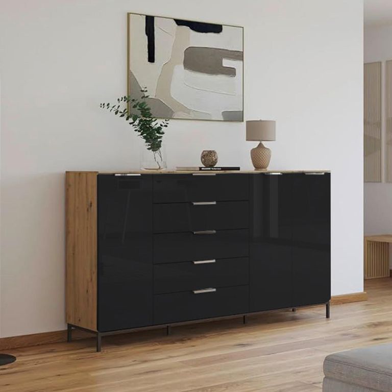 Flipp Sideboard - 199cm - 3 Door - Metal Base - Artisan Oak & Basalt Glass
