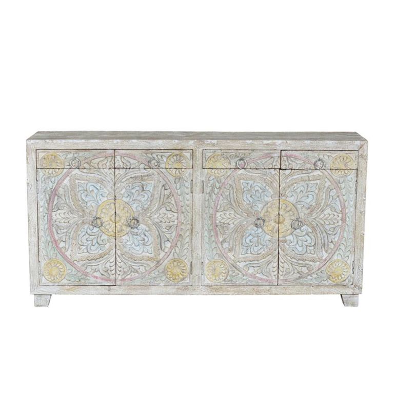 Ravanik Sideboard - Carved White Mango Wood - 4 Door - Extra Large - 180cm