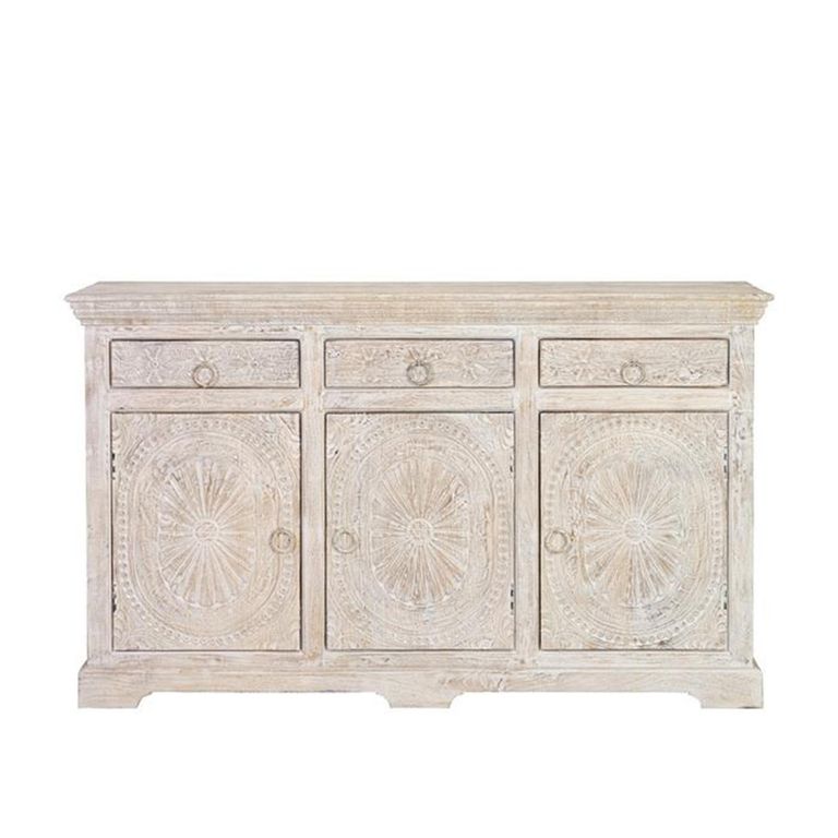 Rrethi Sideboard - Distressed White Carved Mango Wood - 3 Door - Medium - 150cm