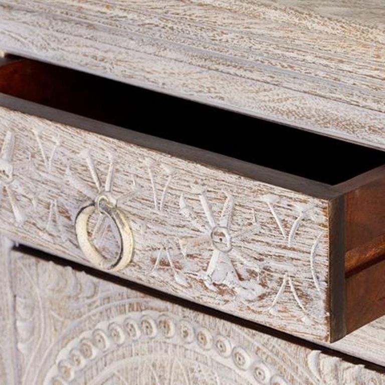 Rrethi Sideboard - Distressed White Carved Mango Wood - 3 Door - Medium - 150cm