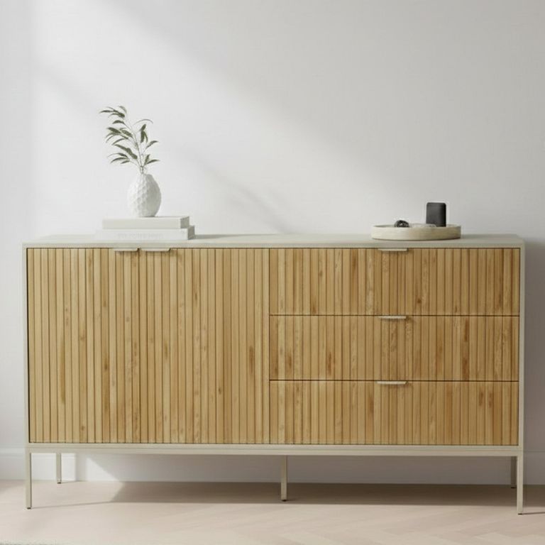 Seaford Large Sideboard - 2 Door - 160cm - Fluted Oak and Grey Metal