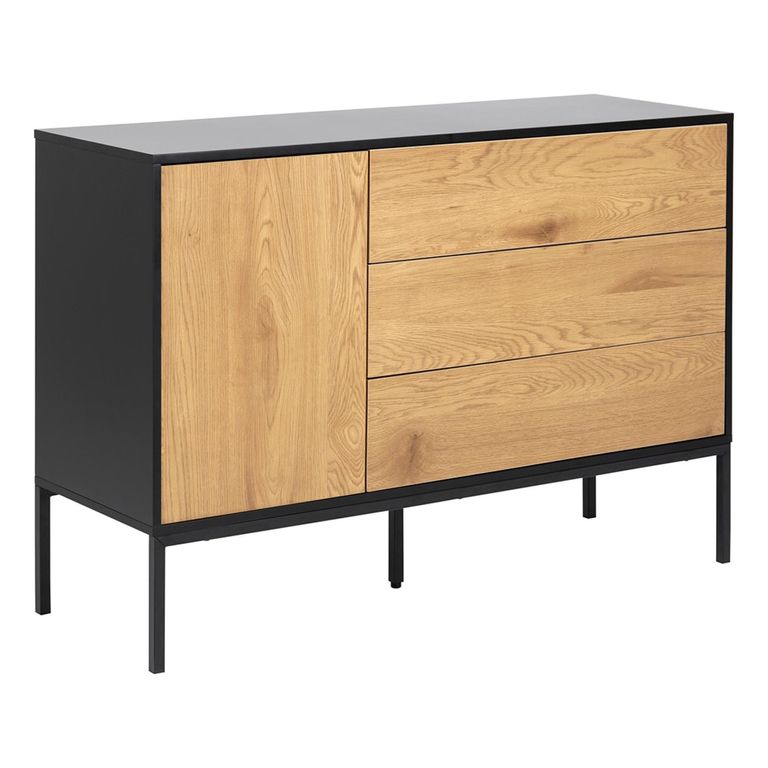 Seaford Small Sideboard - 1 Door - 120cm - Oak and Black Metal