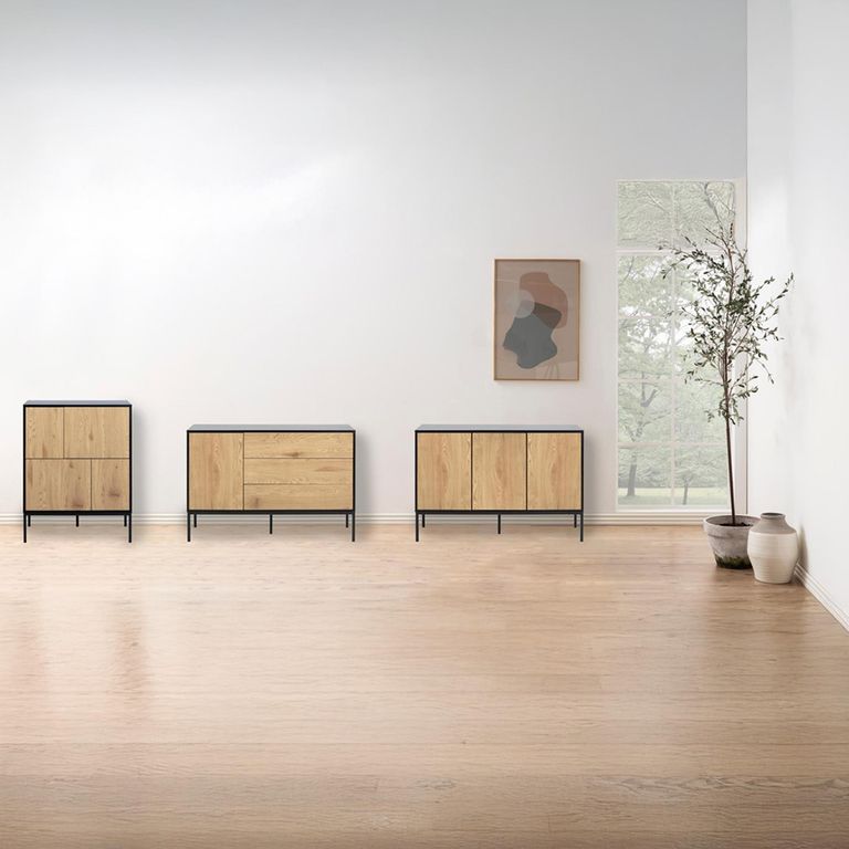 Seaford Small Sideboard - 4 Door - 80cm - Oak and Black Metal