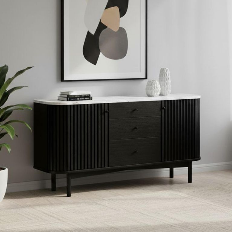 Soho Black Sideboard - 2 Door - Slatted Medium - 140cm - White Marble Top
