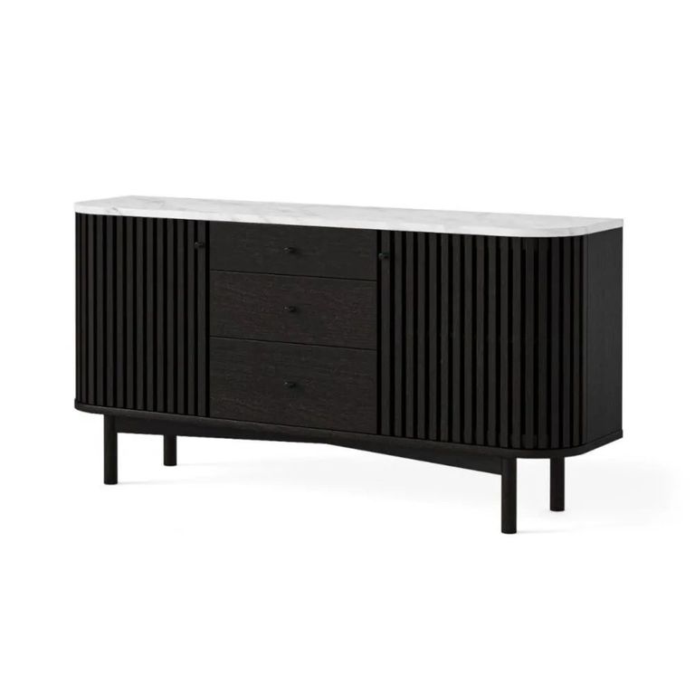 Soho Black Sideboard - 2 Door - Slatted Medium - 140cm - White Marble Top