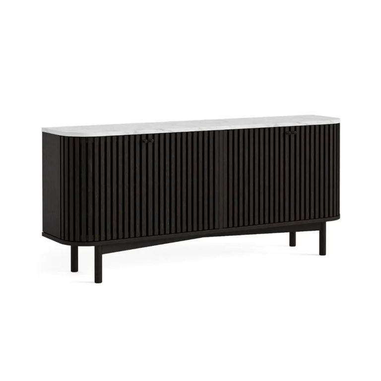 Soho Black Sideboard - 4 Door - Slatted Large - 162cm - White Marble Top