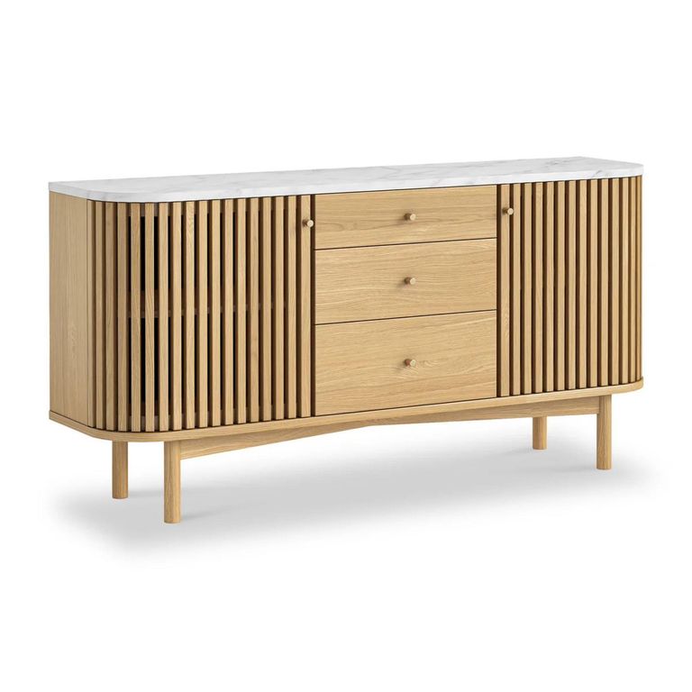 Soho Oak Medium Sideboard - 2 Door - Slatted - White Marble Top - 140cm
