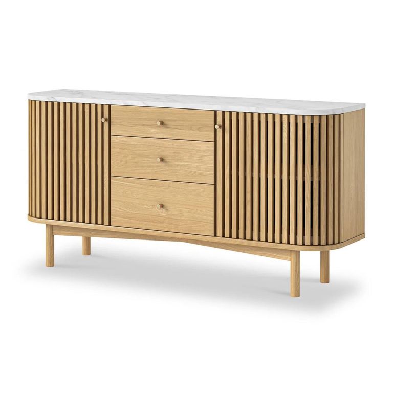 Soho Oak Medium Sideboard - 2 Door - Slatted - White Marble Top - 140cm