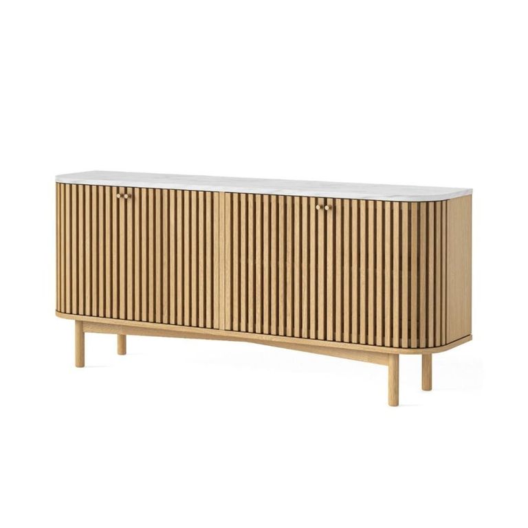 Soho Oak Large Sideboard - 4 Door - Slatted - White Marble Top