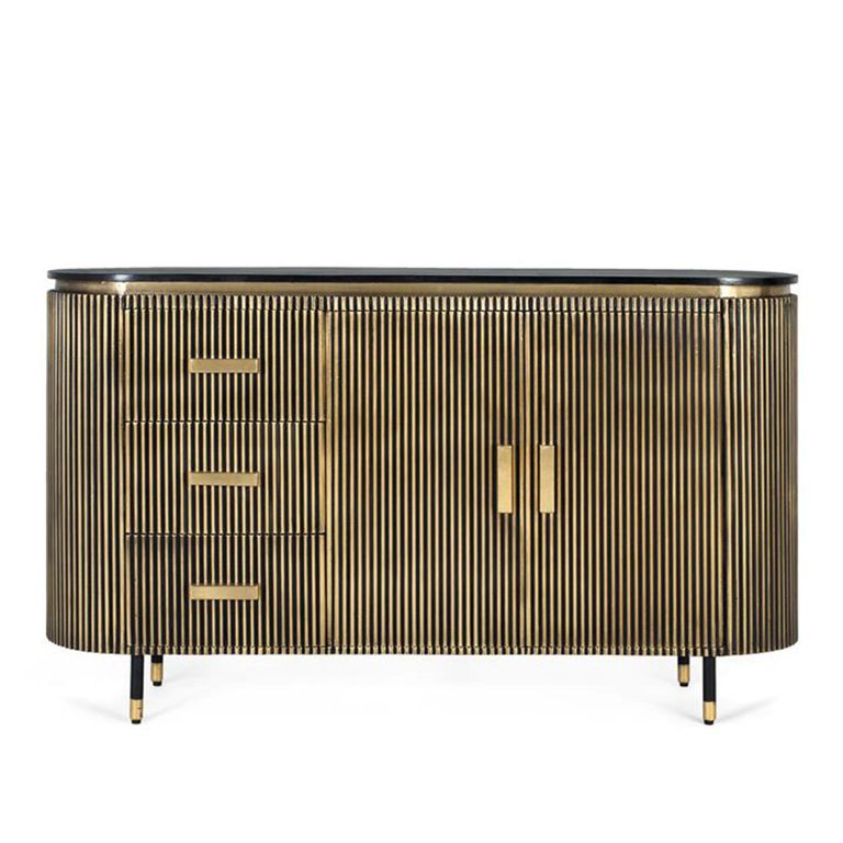 Stephen Sideboard - Ribbed Brass - Curved - 2 Door - Medium - Black Marble Top