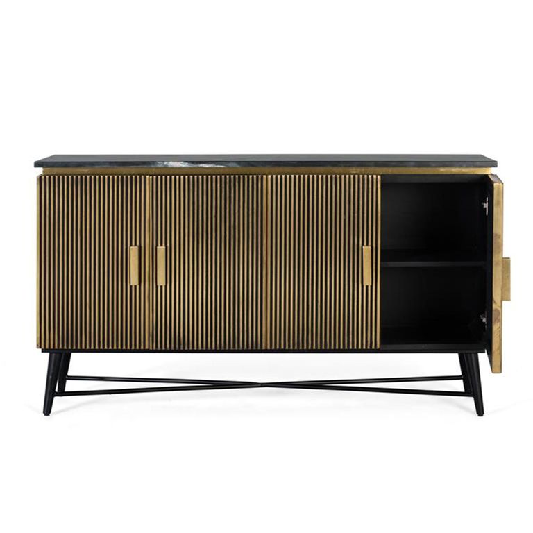 Stephen Sideboard - Ribbed Brass - 4 Door - Medium - Black Marble Top