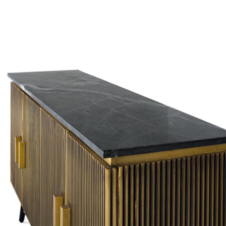 Stephen Sideboard - Ribbed Brass - 4 Door - Medium - Black Marble Top