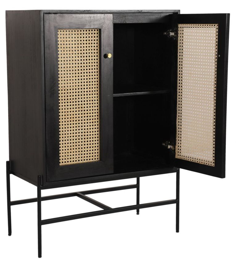 Tapola Black Wood and Rattan 2 Door Cabinet